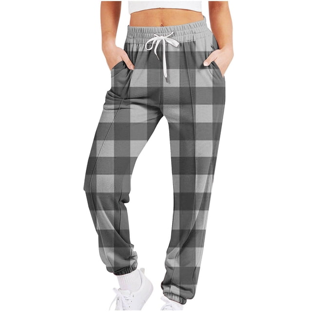 ShomPort Plaid Sweatpants for Women High Waisted Drawstring Pants Joggers Baggy Sport Workout Pants