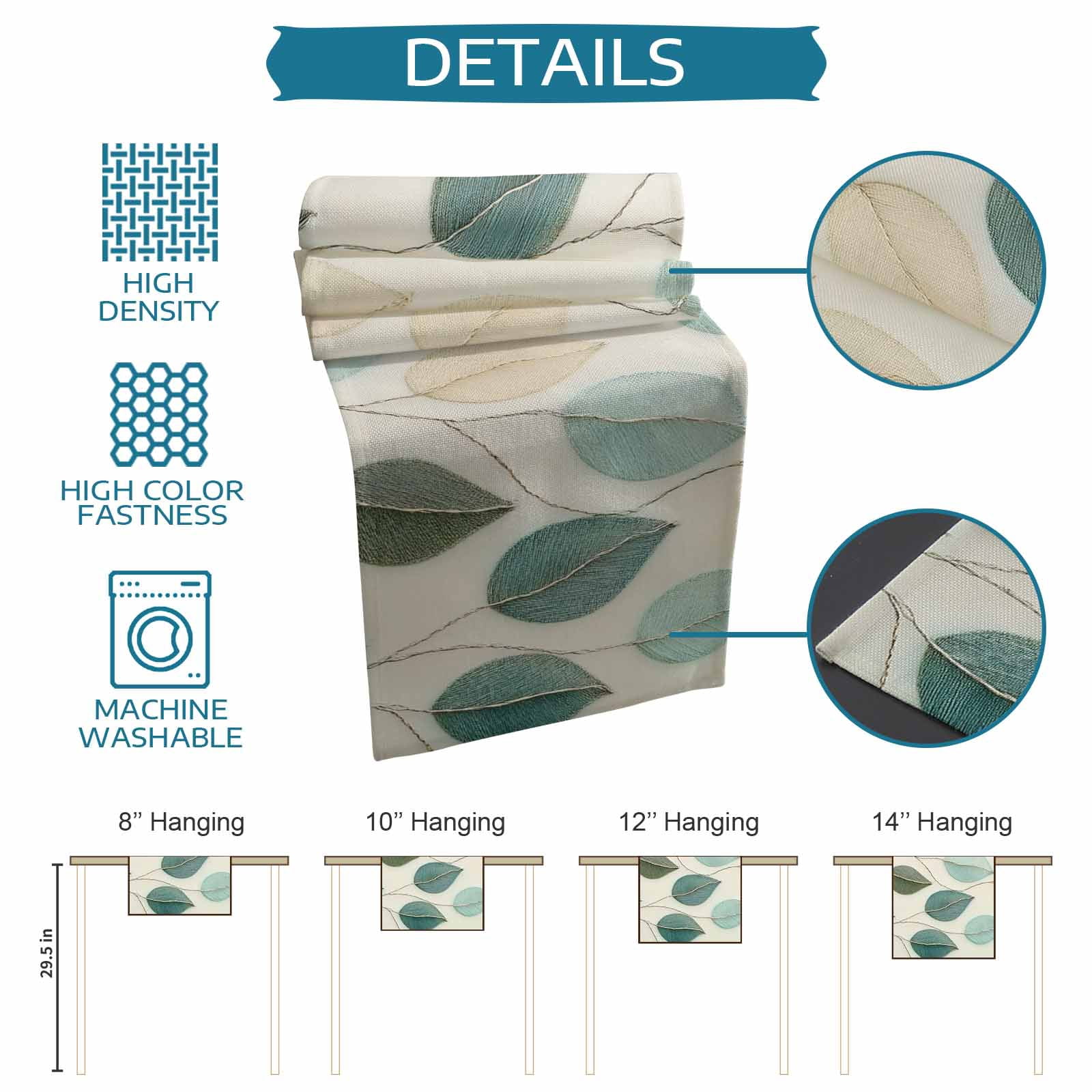 Teal Green Leaf Table Runner 72 Inches, Farmhouse Vintage Middle Century Textured Bed Runner Dresser Scarves Tabletop for Indoor Outdoor Parties/Ceremony/Banquet, 18" x 72"