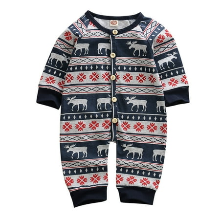 

Binpure Baby Christmas Rompers Printed Long-Sleeves Button Open Jumpsuits