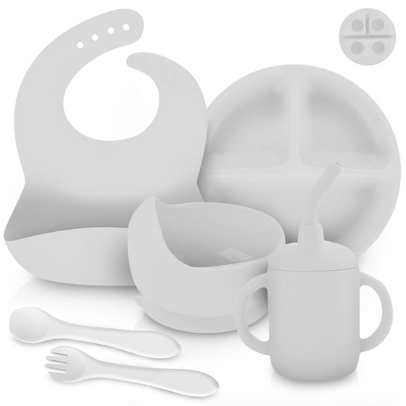 Silicon Feeding Set | Suction Bowl,Suction Plate,Fork, Spoon, Bib, Sippy Straw Cup.