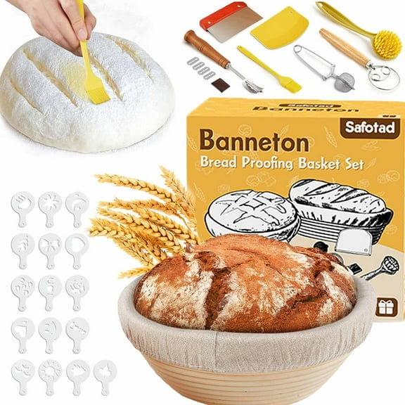 9" Round Banneton Bread Proofing Basket, Sourdough Starter Kit, Sourdough Bread Baking Supplies with Dough Whisk, Bread Lame, Brush, Scrapers, Flour Duster & Stencils, Bread Making Tools Gift Set