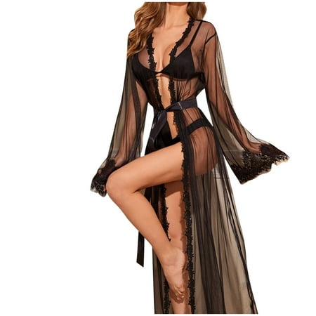 APEXFWDT Mesh Robe for Women Bridal Babydoll Robe Sheer Wedding Gown for Women Long Lace Kimono Robe Mesh Chemise Gown Swimsuit Cover Up