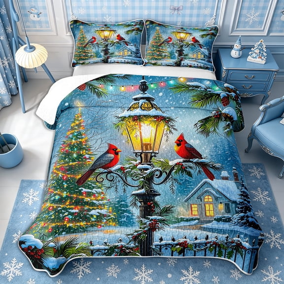 Manfei Christmas Cardinal Bird Twin Quilt Set 2 Pieces,Happy New Year Twin Coverlet Set,1 Bedspread and 1 Pillowcase