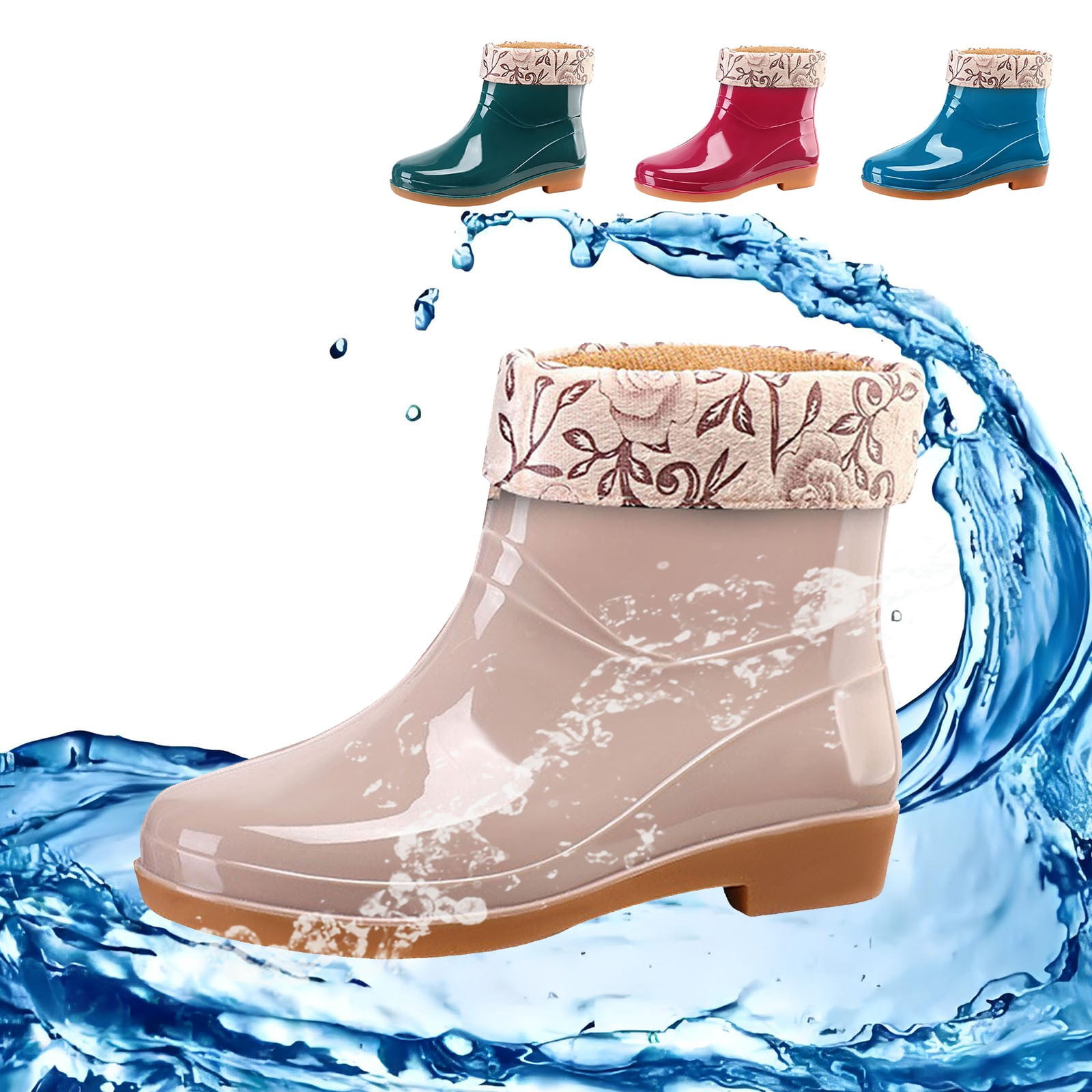 Winter Short Rain Boots for Women with Lined Floral Waterproof Rubber Outdoor Garden Ankle Booties Shoes