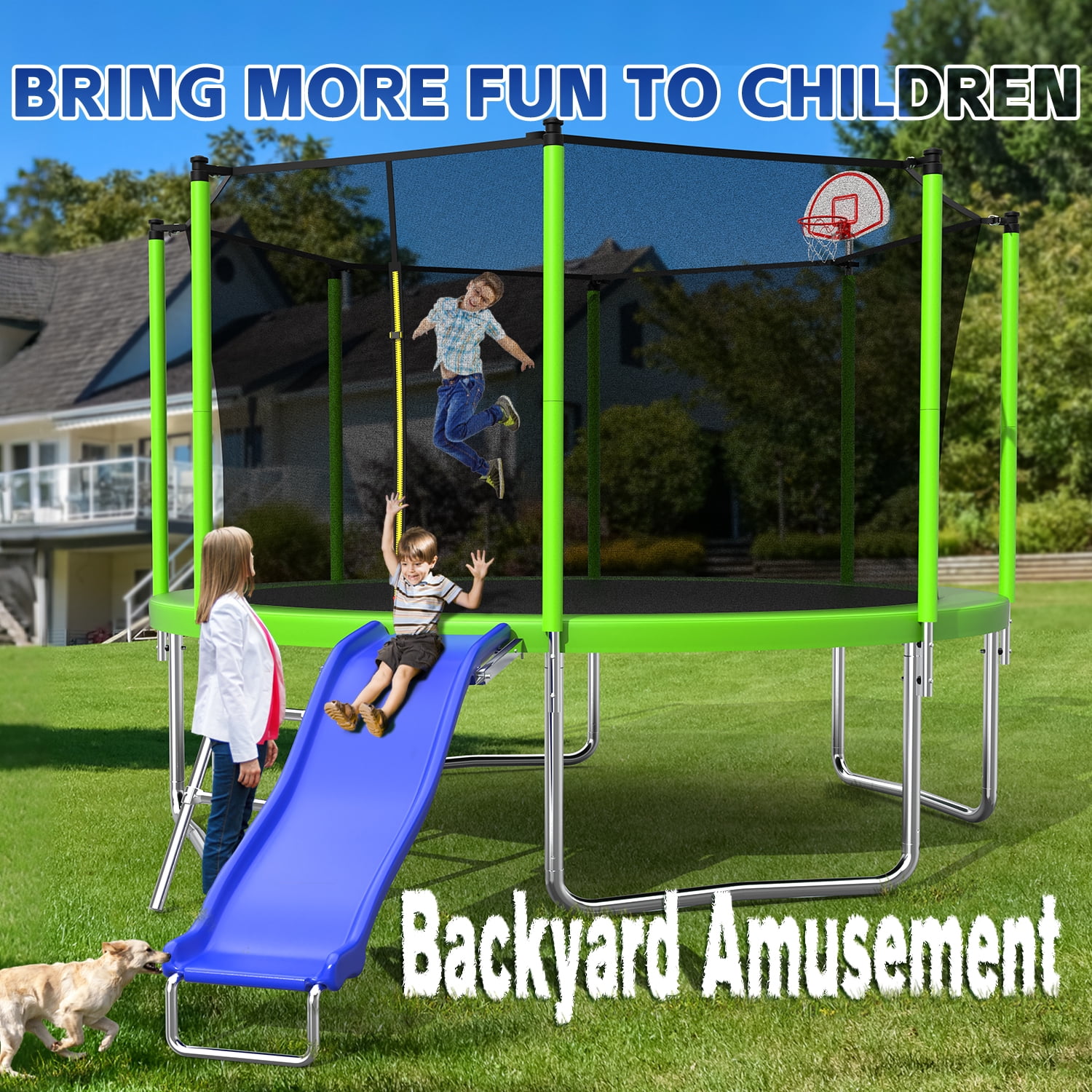 Mersco 12FT Heavy Duty Trampoline with Enclosure Net , Slide Outdoor Big Trampoline for Backyard,Kids Trampoline with Basketball Hoop,Birthday and  Holiday Gifts for Kids,Green