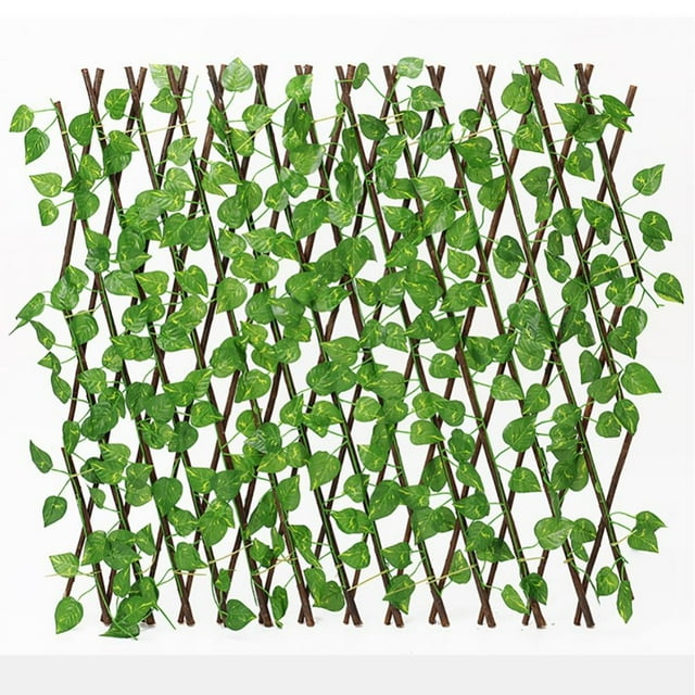 Retractable Trellis Fence w/Artificial Vines, Wooden Hedge Expandable Privacy Fence Screen