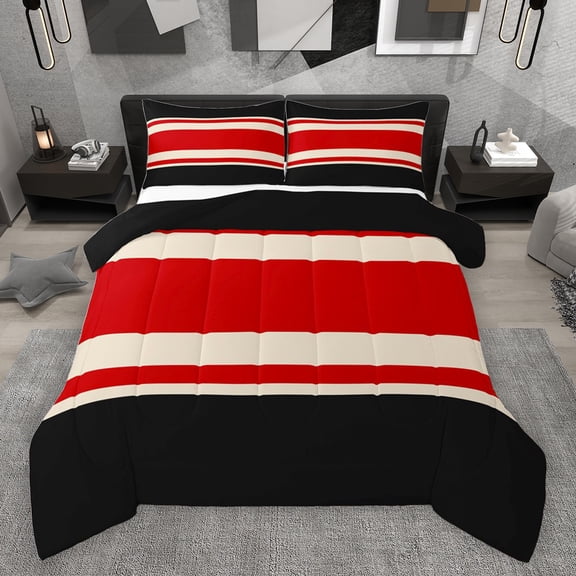 jejeloiu Modern Abstract Geometric Bedding Comforter Set,Retro Stripe Print Twin Comforter Sets,Red Beige Black Bedding Set For Men Women,Ultra Soft Home Decor Reversible,2-Piece