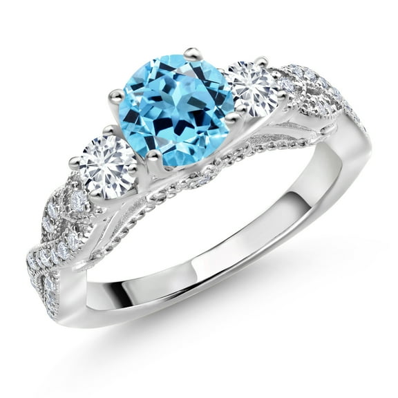Gem Stone King 925 Sterling Silver Swiss Blue Topaz White Lab Grown Diamond and White Moissanite Engagement Ring for Women (1.47 Cttw, Gemstone November Birthstone, Round 6MM and 3MM, Size 5)