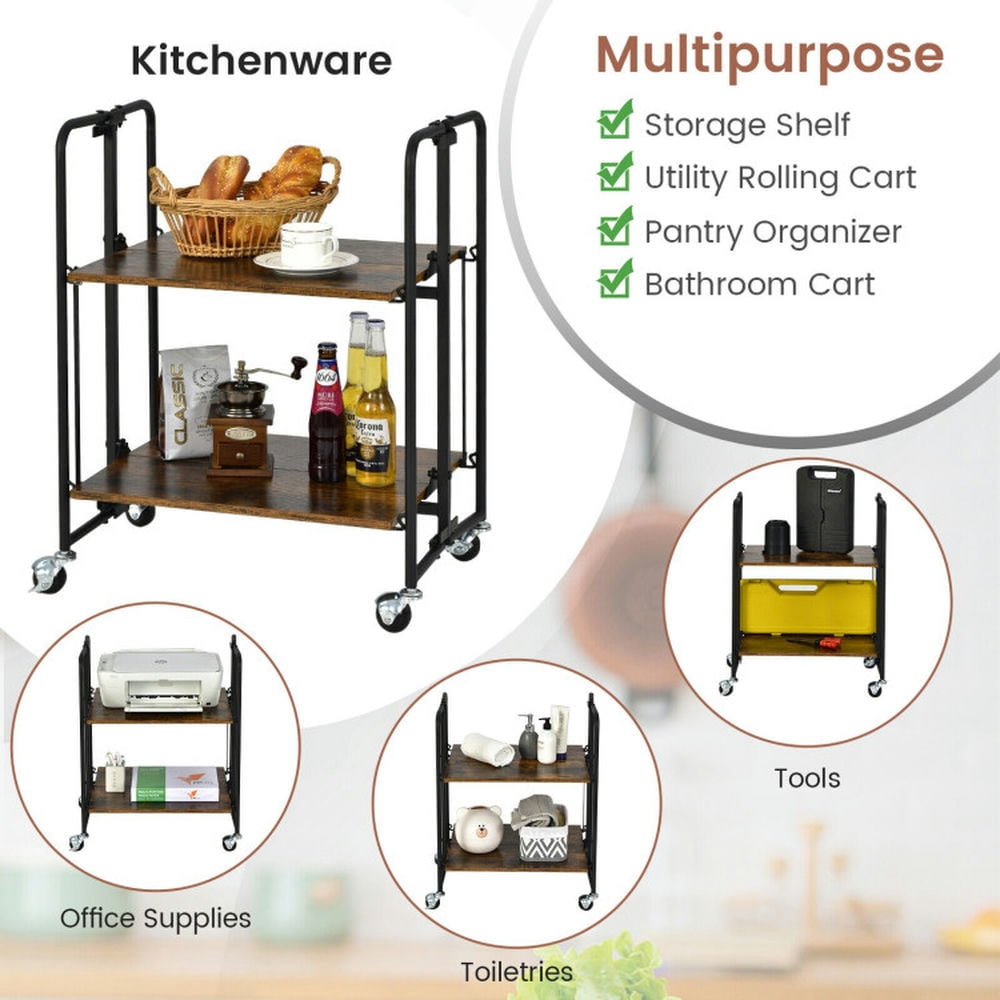 Finihen Rolling Cart, Kitchen Island Cart, Folding Rolling Cart with Metal Frame-2-Tier, for Kitchen, Dining Room, Rustic brown Finihen Rolling Cart, Kitchen Island Cart, Folding Rolling Cart with Metal Frame-2-Tier, for Kitchen, Dining Room, Rustic brown