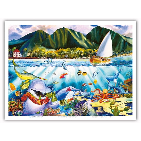 Dinner at Seven - Hawaiian Fish (Iʻa) Feast - Marine Life Sea Banquet - From an Original Hawaii Watercolor Painting by Peggy Chun - Master Art Print (Unframed) 9in x 12in