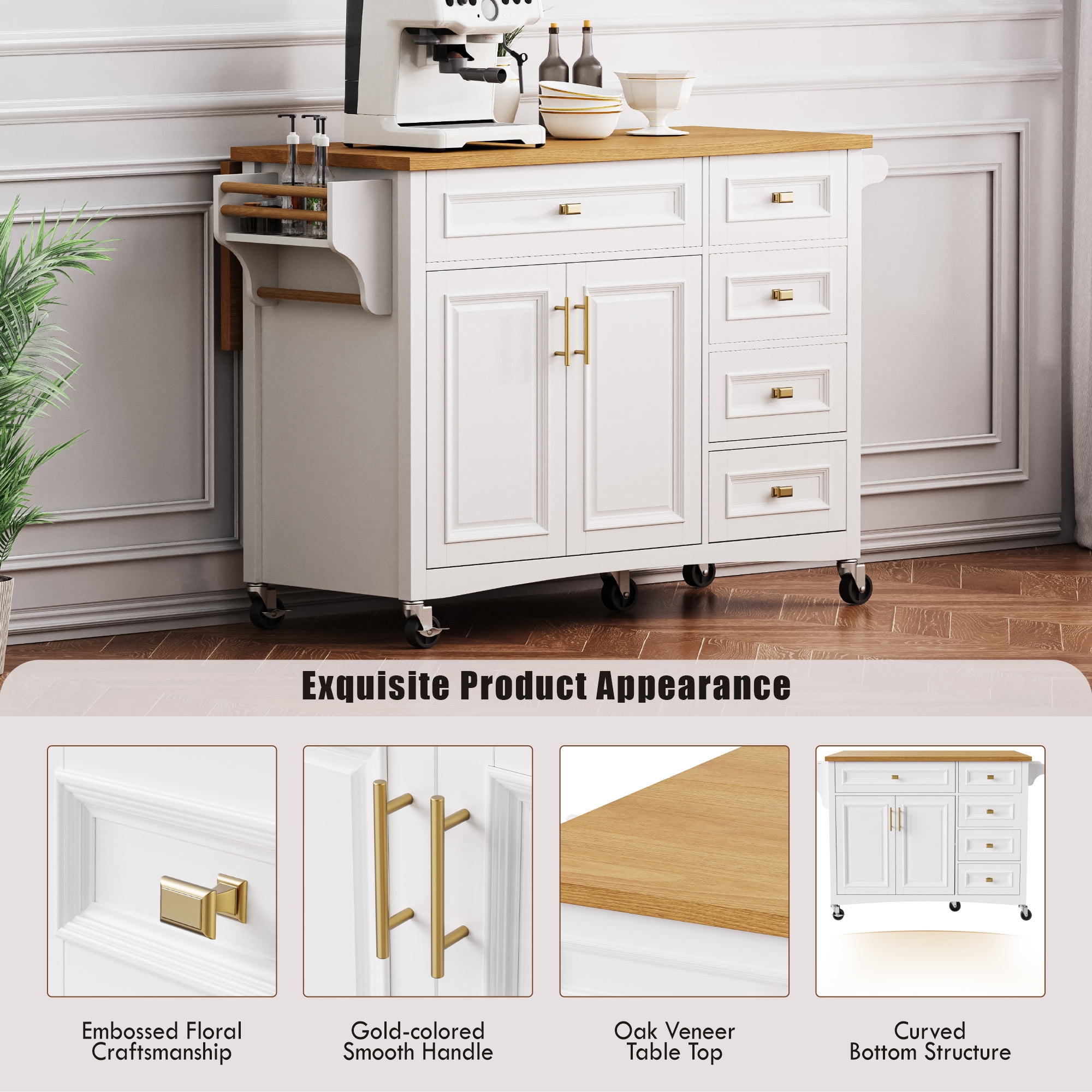 AENKYO 52'' Kitchen Island with Drop Leaf, Embossed Texture Kitchen Cart on Wheels with Spice Rack, Towel Rack, 2 Doors and 5 Drawers,Adjustable Shelf for Kitchen,White