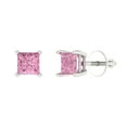 thumbnail image 2 of 1 Ct Princess Cut Studs Pink Crystal 18K White Solid Gold Everyday Dainty Earrings Screw Back, 2 of 7