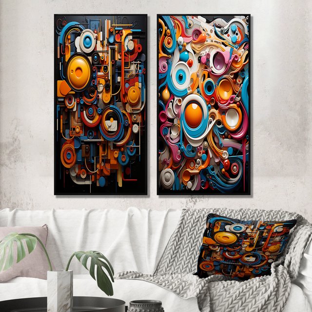 Designart "Vibrant Rhapsody Opt Art painting II" Op Art Framed Wall Art Set Of 2 - Multi-Color Abstract Framed Wall Art Set Of 2