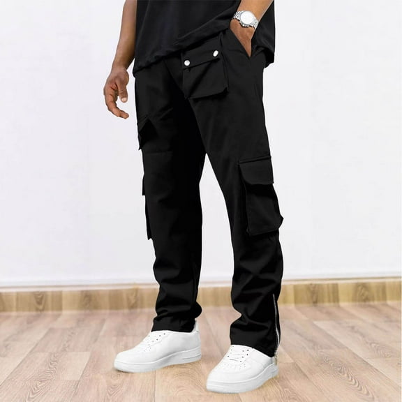 Yusimy Men's Solid Color Cargo Pants Adjustable Cuffs Stretchy Drawstring Multi-Pocket Outdoor Casual Trousers