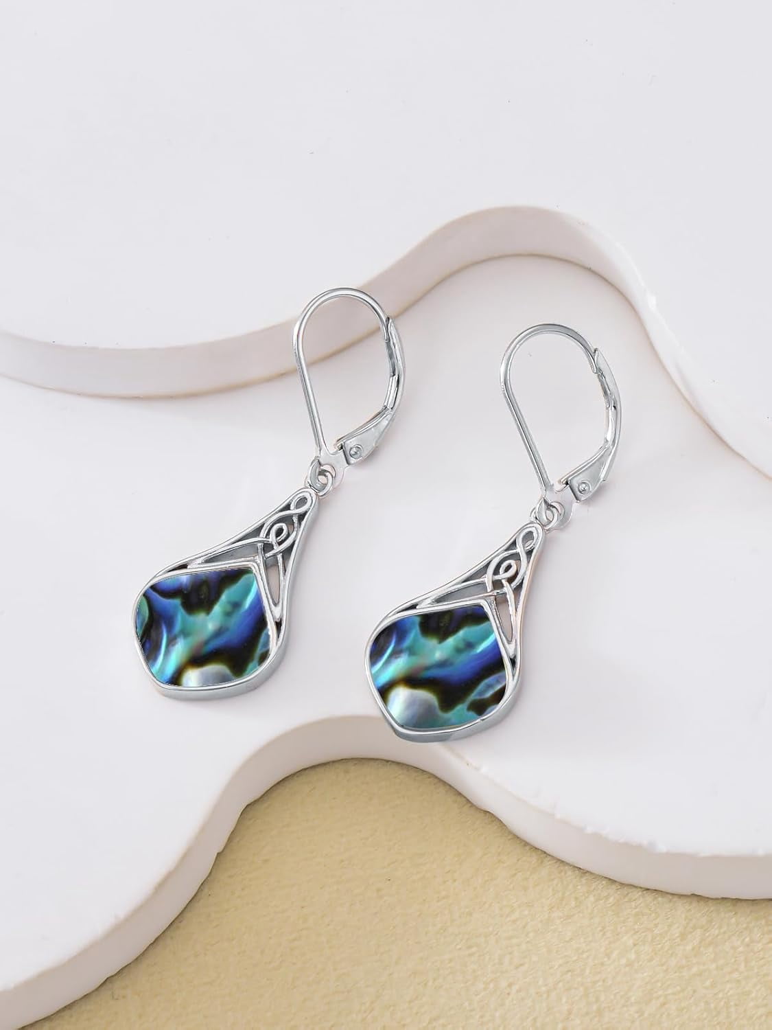 Natural Abalone Shell Earrings 925 Sterling Silver Celtic Knot Teardrop Abalone Shell Dangle Drop Earrings Irish Jewelry Gifts for Women