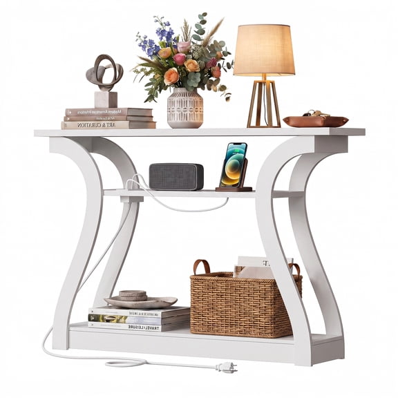 ZENY 3-Tier Console Table with Charging Station White Sofa Side Table