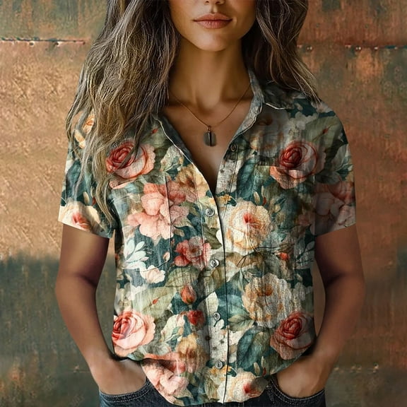 Cotton Printed Button Down Shirts, Short Sleeve, Fashion Casual Tops, Bubble Wrinkles, Green 3XL, Size S-XXXXXL