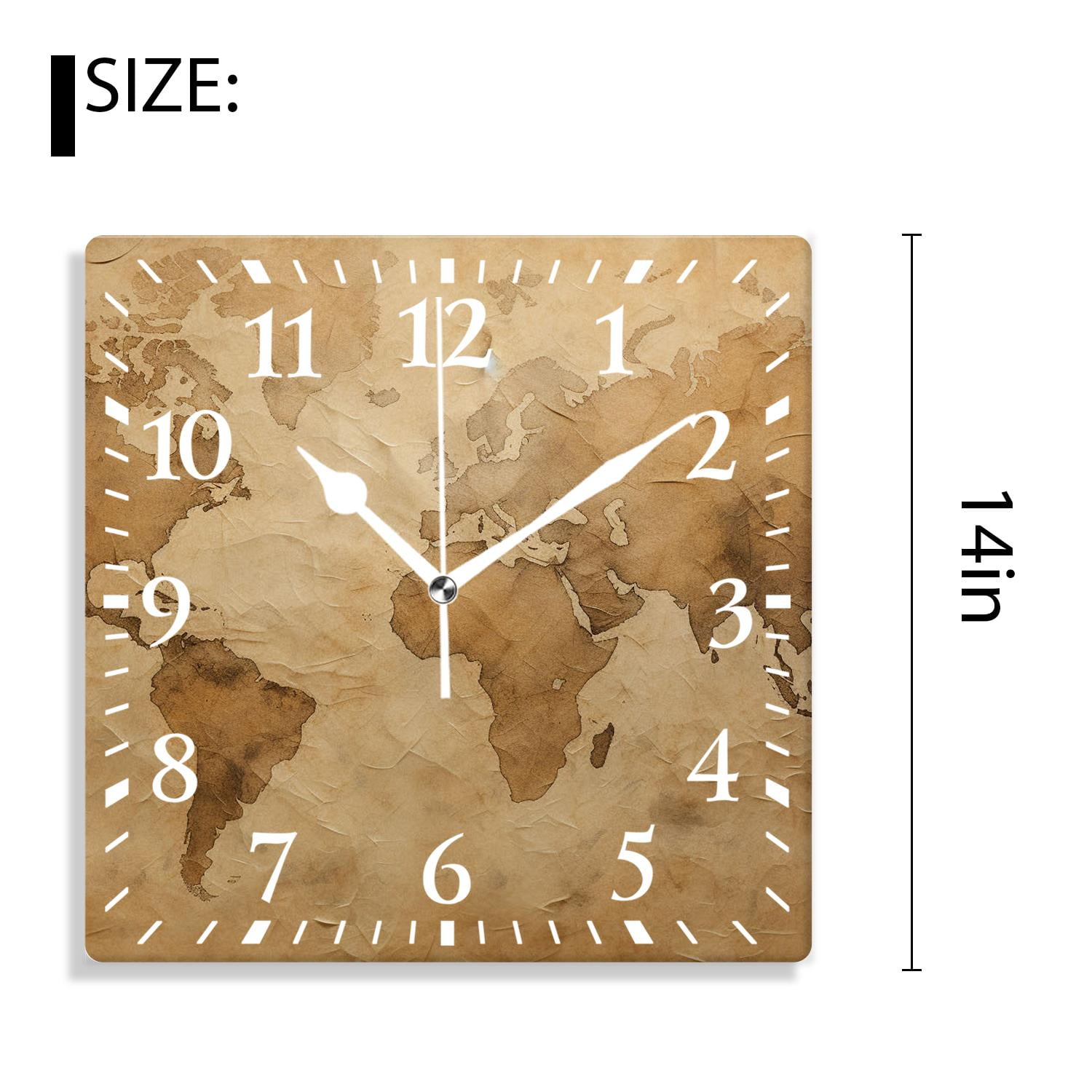 14 Inch Wall Clock Battery Operated Silent Clock Decorative for Office, Kitchen, Outdoor, Living Room，World Map Drawing