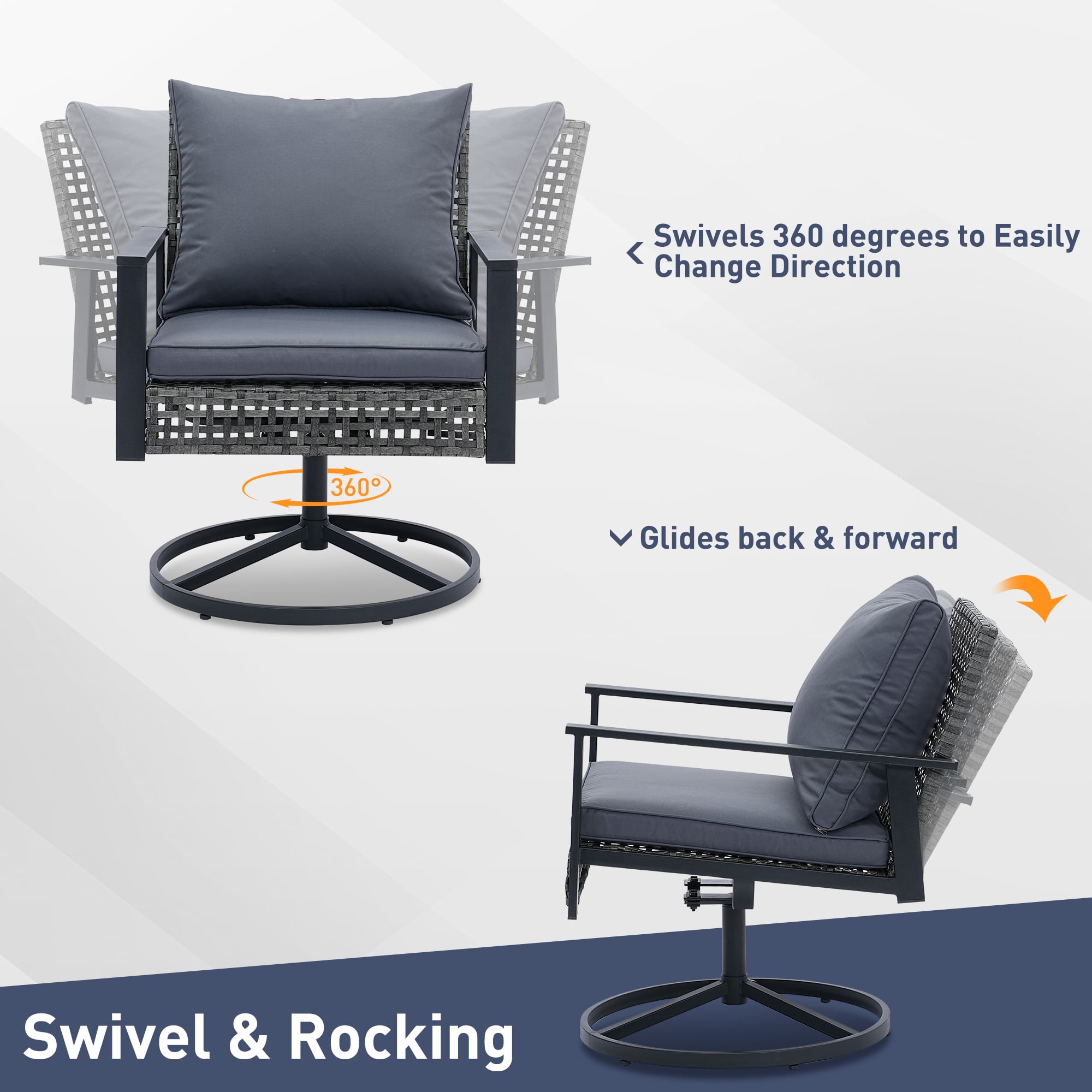 Ainfox Premium Patio Swivel Bistro Set,3-Piece Ourdoor Furniture Set,Wicker Rattan Coversation Rocking Chairs w/Glass Top Table & Cushions,Grey