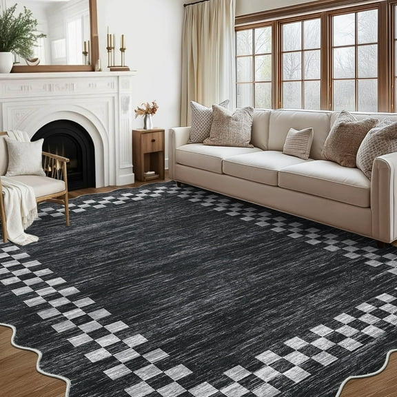 Garvee 5'x7' Scalloped Area Rug, Geometric Checkered Bordered Indoor Rugs Washable Rug Stain-Resistant Low Pile Carpet for Living Room Bedroom Home Decor, Dark Gray