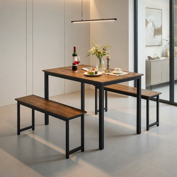 Kadyn Dining Room Table Chair Set,Kitchen Table Set, Dining Room Set,3 Pieces Dining Table Set with 2 Benches for Dining Room Kitchen Bar-Brown