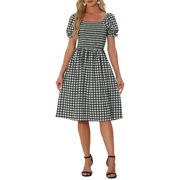Vestido Gingham con Fruncido Inspire Chic para Mujer, Cuello Cuadrado, Con Abertura Lateral, Vestidos de Cuadros Casual, S Negro