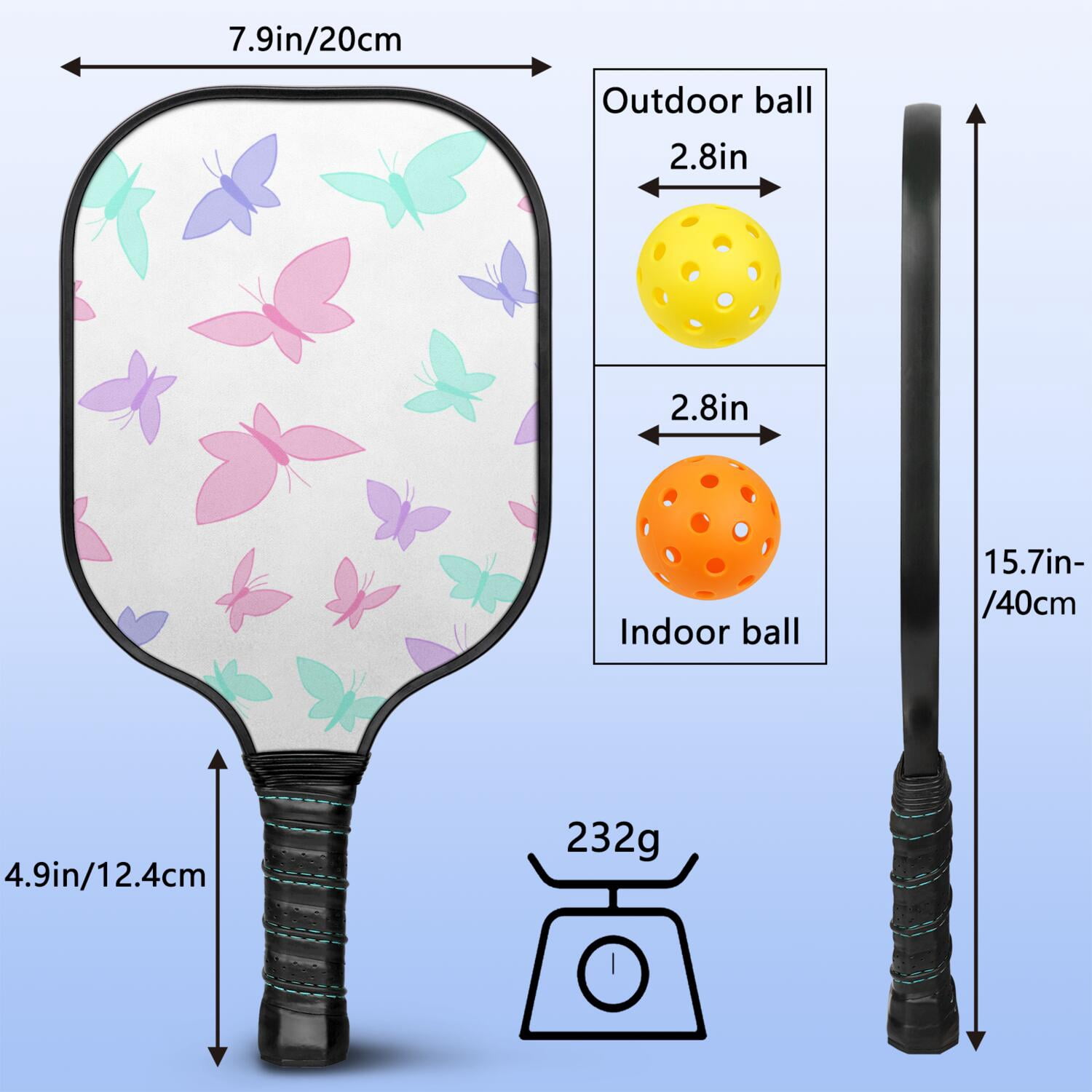 Pickleball Paddles Set Of 1, Fiberglass Surface, Boho Butterfly Decor, 1 Paddle, 2 Balls & Bag