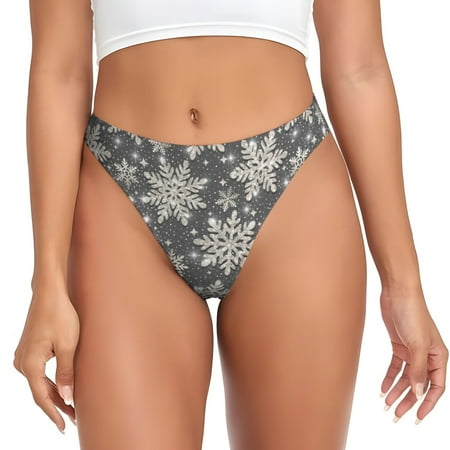 Qokaie Sparkling Snowflakes Printed Women s Cotton Thong Underwear  Sexy Breathable Panties G-string-Medium