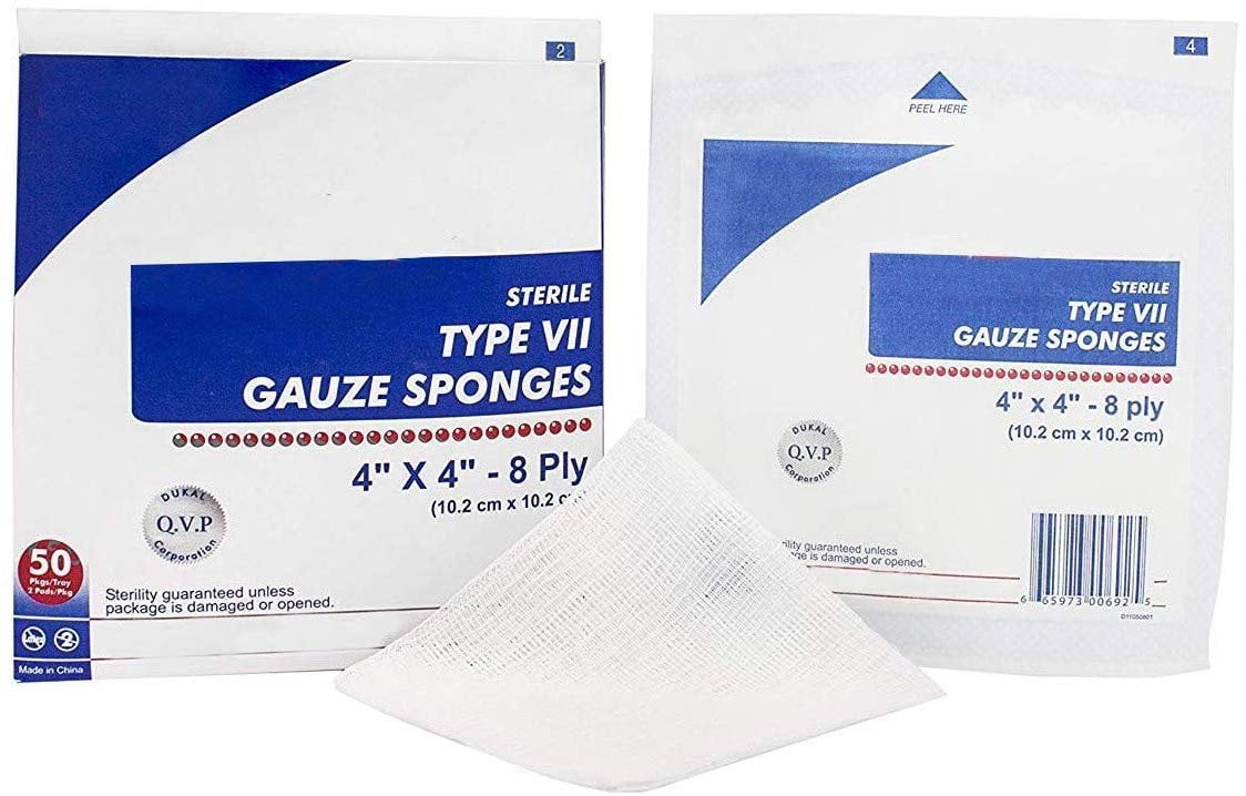 Type VII Gauze Sponges 4" x 4". Case of 1200 8ply Gauze Dressings for