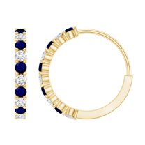 Rosec Jewels Real Blue Sapphire Hoop Earrings with Moissanite for Women - AAA Quality, 18K Yellow Gold