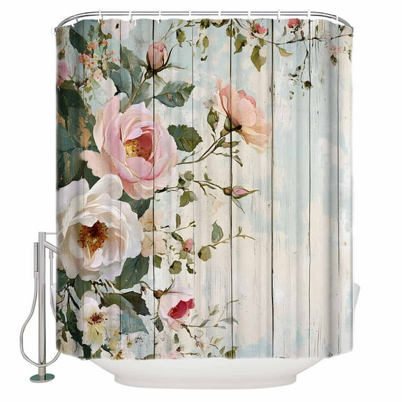 Extra Long Shower Curtain 72x96 Inch, Pink White Floral Shower Curtain Waterproof Bathroom Decor Spring Leaves Garden Pastoral Country Fabric Bath Curtain Set Accessories with Hooks