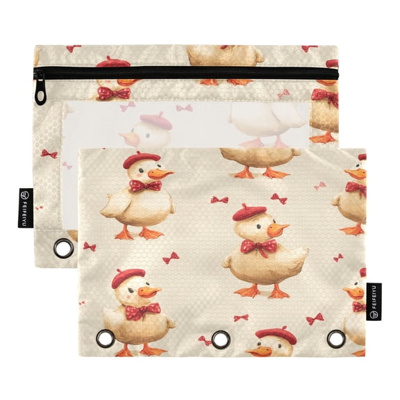 2 Pack 3 Ring Binder Pouch with Clear PVC Window Water Resistant Zipper Pencil Pouch Dapper Duck Pattern Binder Pocket for Classroom Office Home Stationery Organization