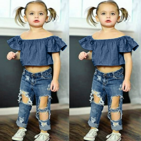ATOGUTA Summer Outfits for Teen Girls Off Shoulder Tops Ripped Jean Pants Outfits Sets Blue, Size 18M-6