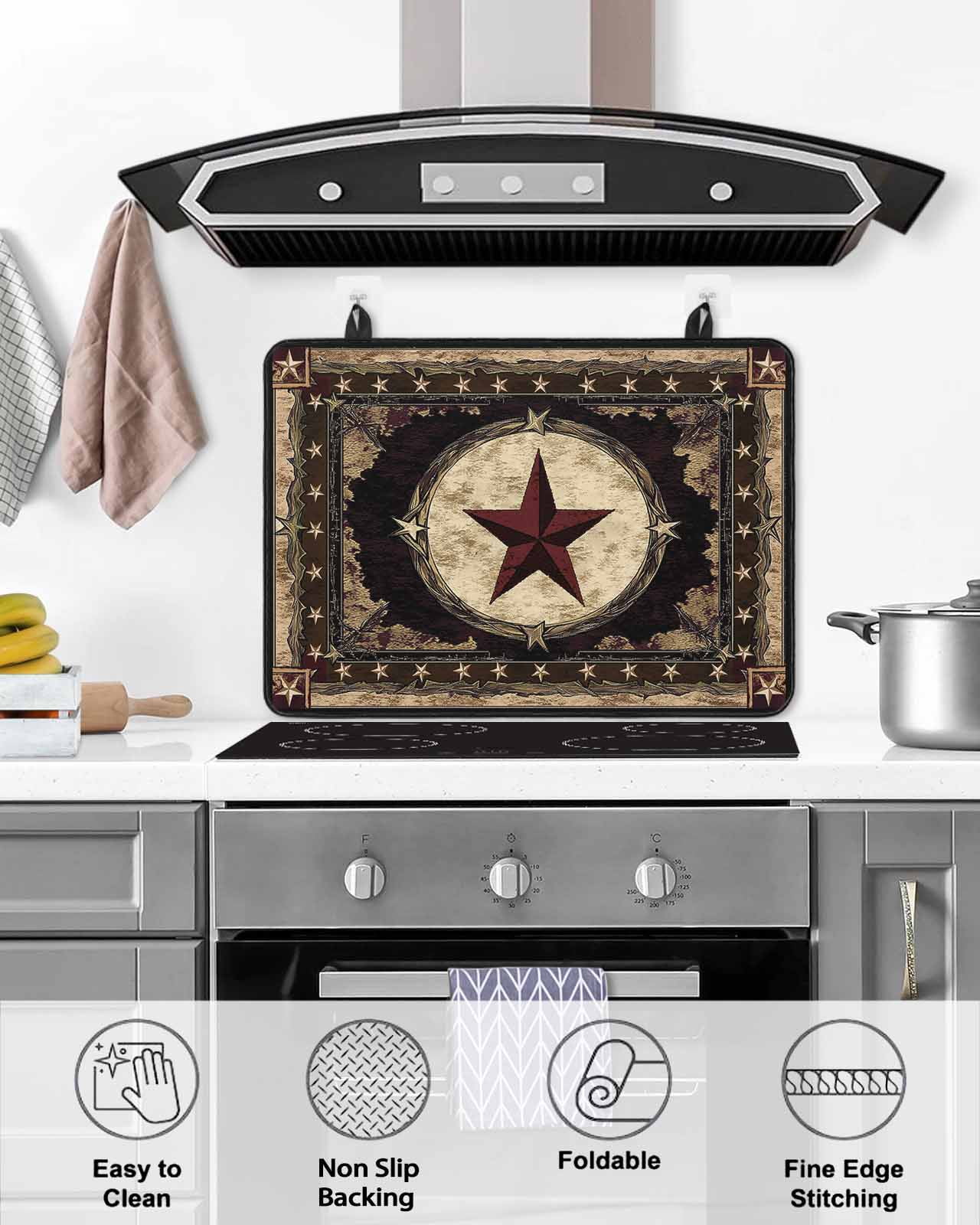 nqOlkjepod Large Induction Cooktop Protector Mat 36"x21", Western Stars Brown Stove Top Covers for Electric Stove, Farmhouse Country Vintage Wood Grain Stove Burner Cover Mats, Glass Top Stove Cover