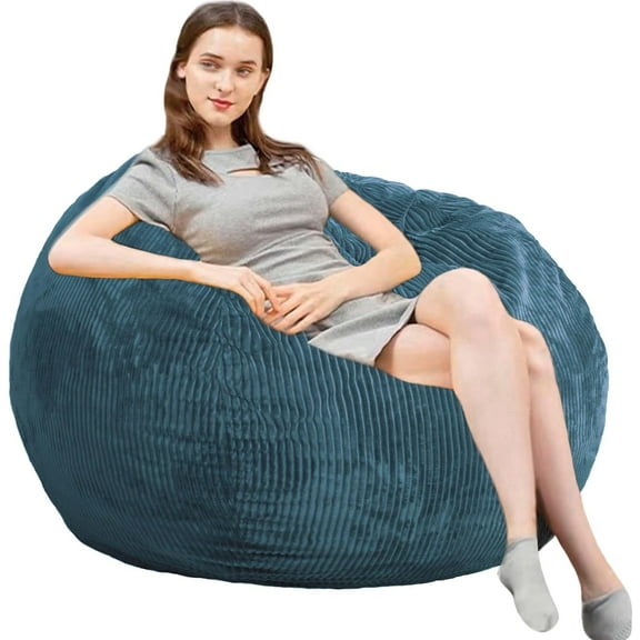Bean Bag Chair 3Ft Luxurious Faux Memory Bean Bag Chairs for /Teens with Filling, Soft Faux Fabric, Round Fluffy Sofa for Room College Dorm (Blue)