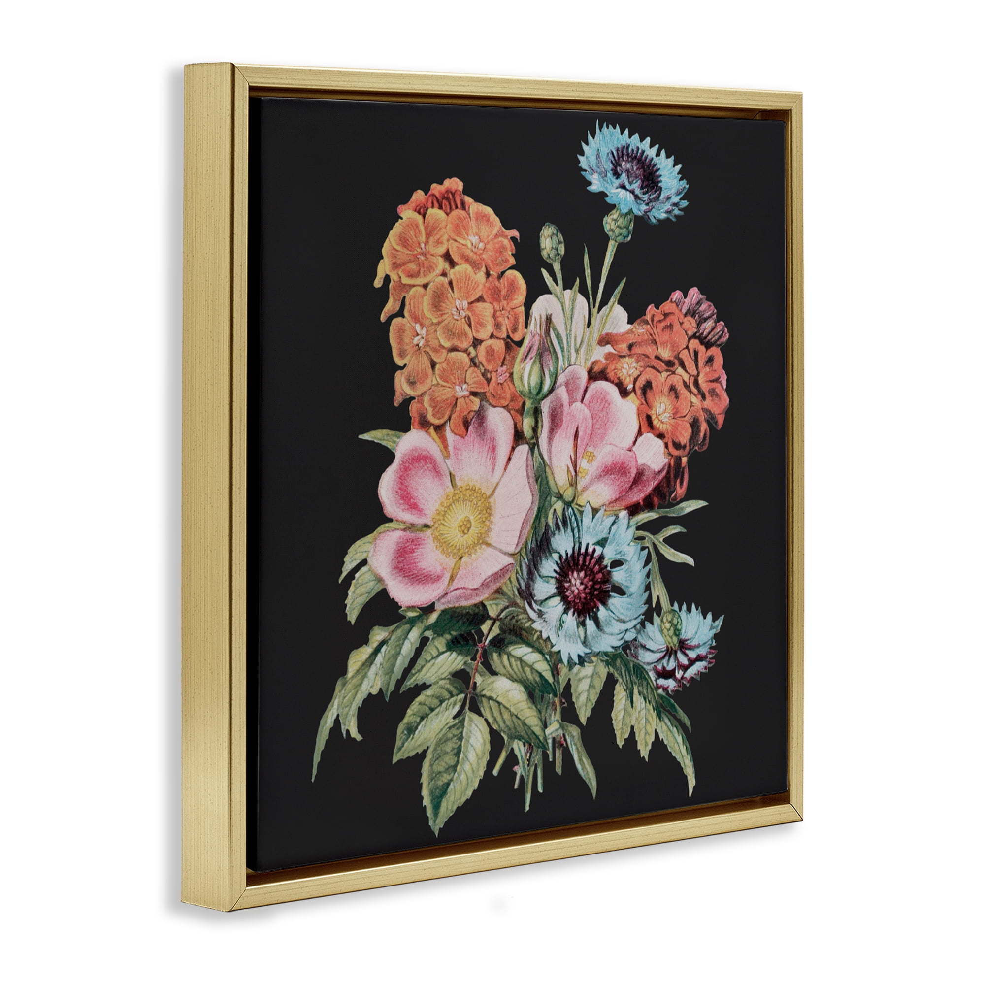Stupell Industries Vintage Bouquet Study over Black Gold Framed Floater Canvas Wall Art, design by Dan Meneely