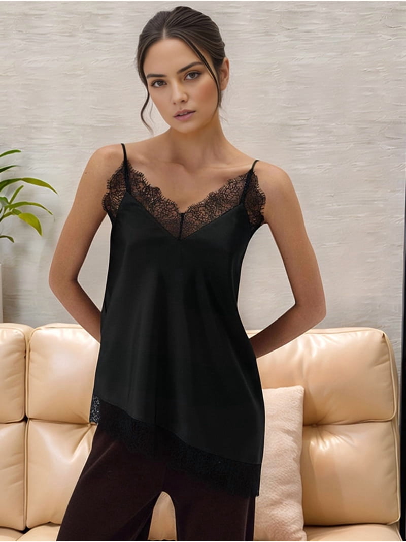 Lace Trim Satin Camis Tops for Women Spaghetti Strap V Neck Silk