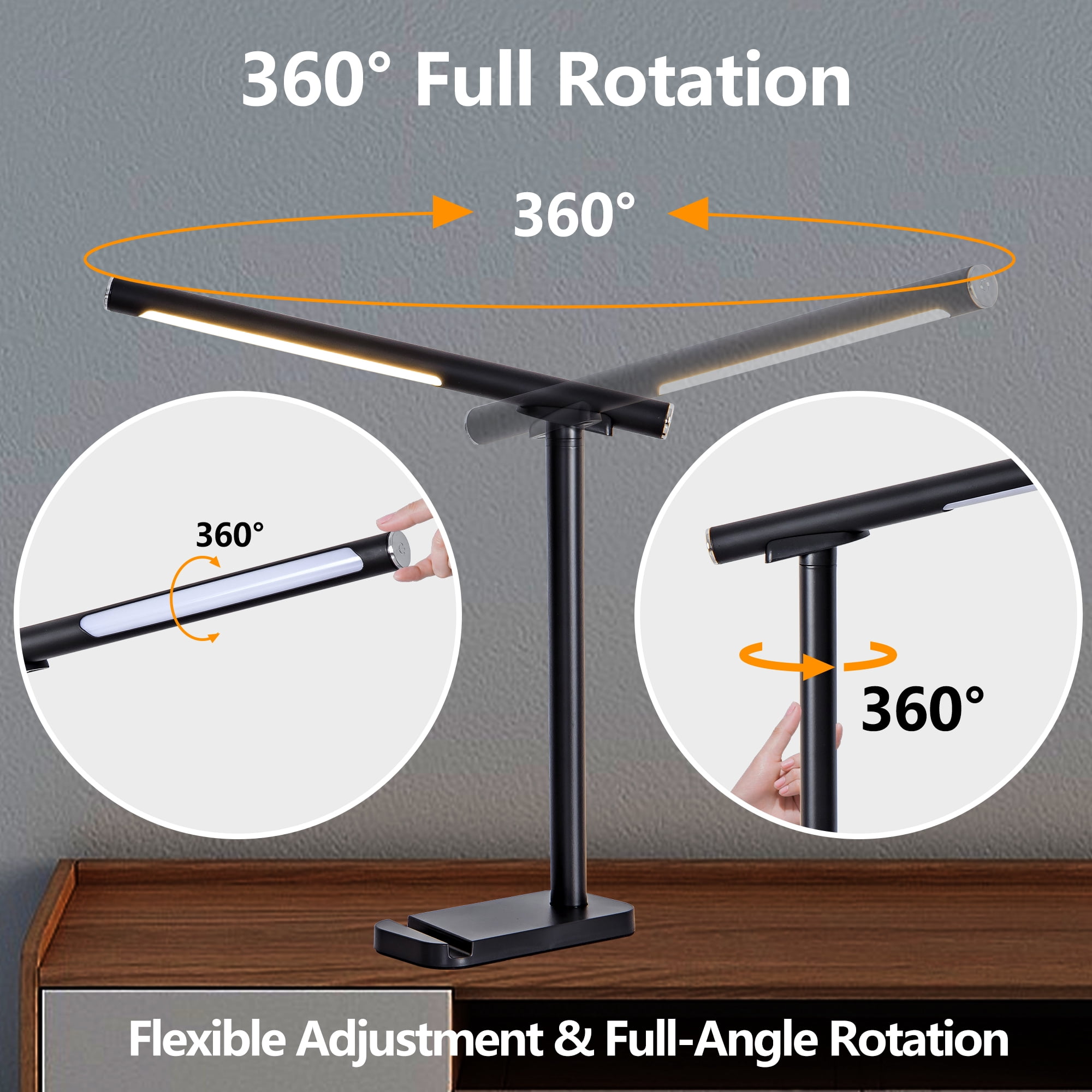 LED Desk Lamp 360° Adjustable, USB Charging Port, 5 Light Modes & Dimmable Brightness for Reading, Craft, Work, Study, Black