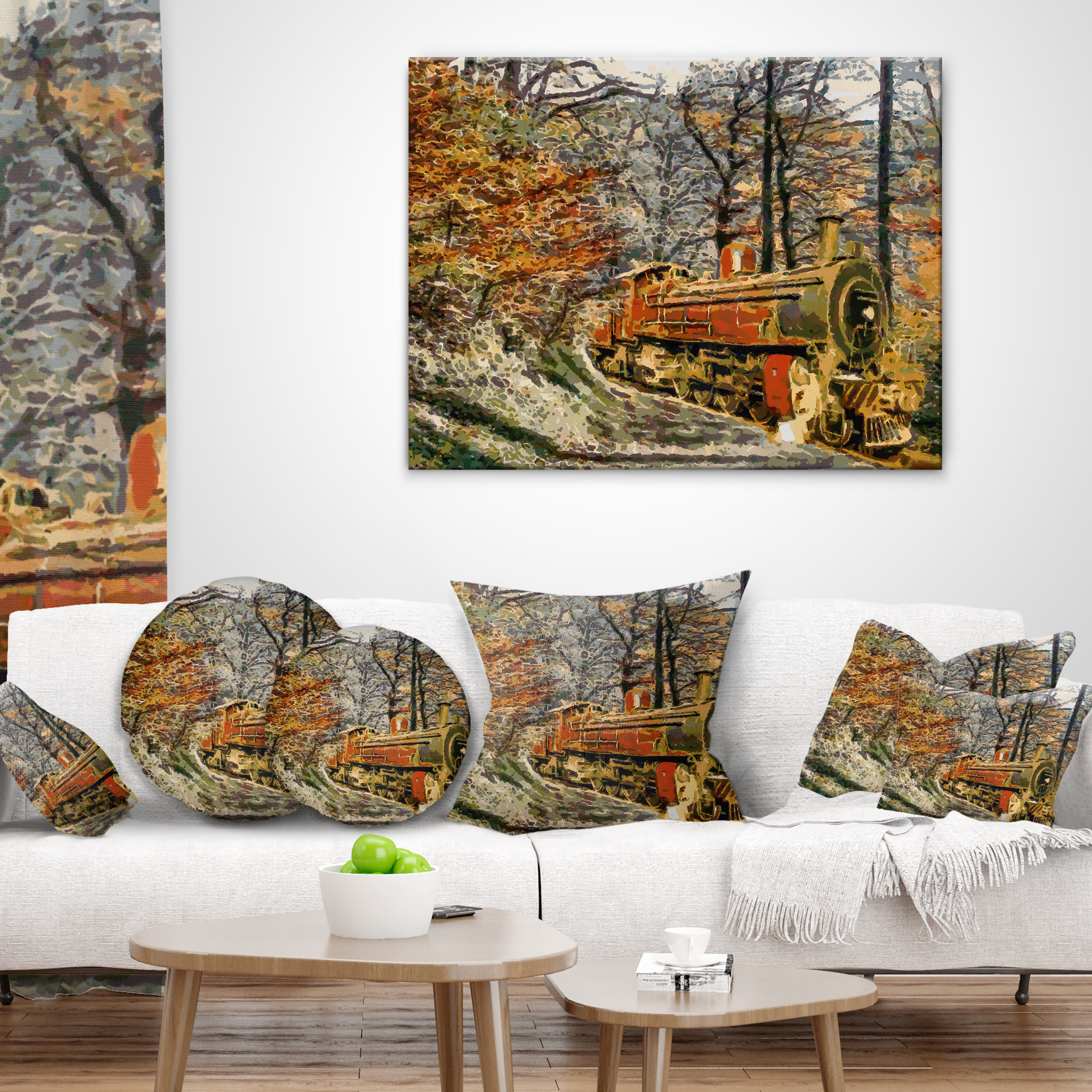 Designart Train in Forest Oil Painting - Landscape Painting Throw Pillow - 16x16