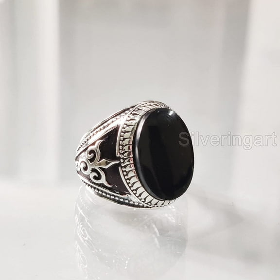 Flat Black Onyx Mens Ring, Natural Black Onyx Ring, Silver Jewelry, 925 Silver Ring, Birthday Gift, Heavy Mens Ring, Arabic Design, Ottoman Style Ring, Christmas, Turkey Mens Signet Ring