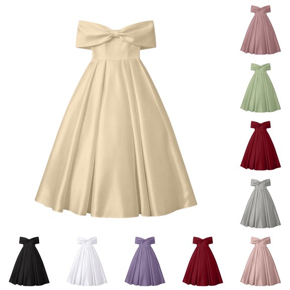 Big Kids Girls Formal Dress Sleeveless Off Shoulder Solid Color Bow Design Floor Length Gown Dresses For Wedding Party,Beige,14-15 Years