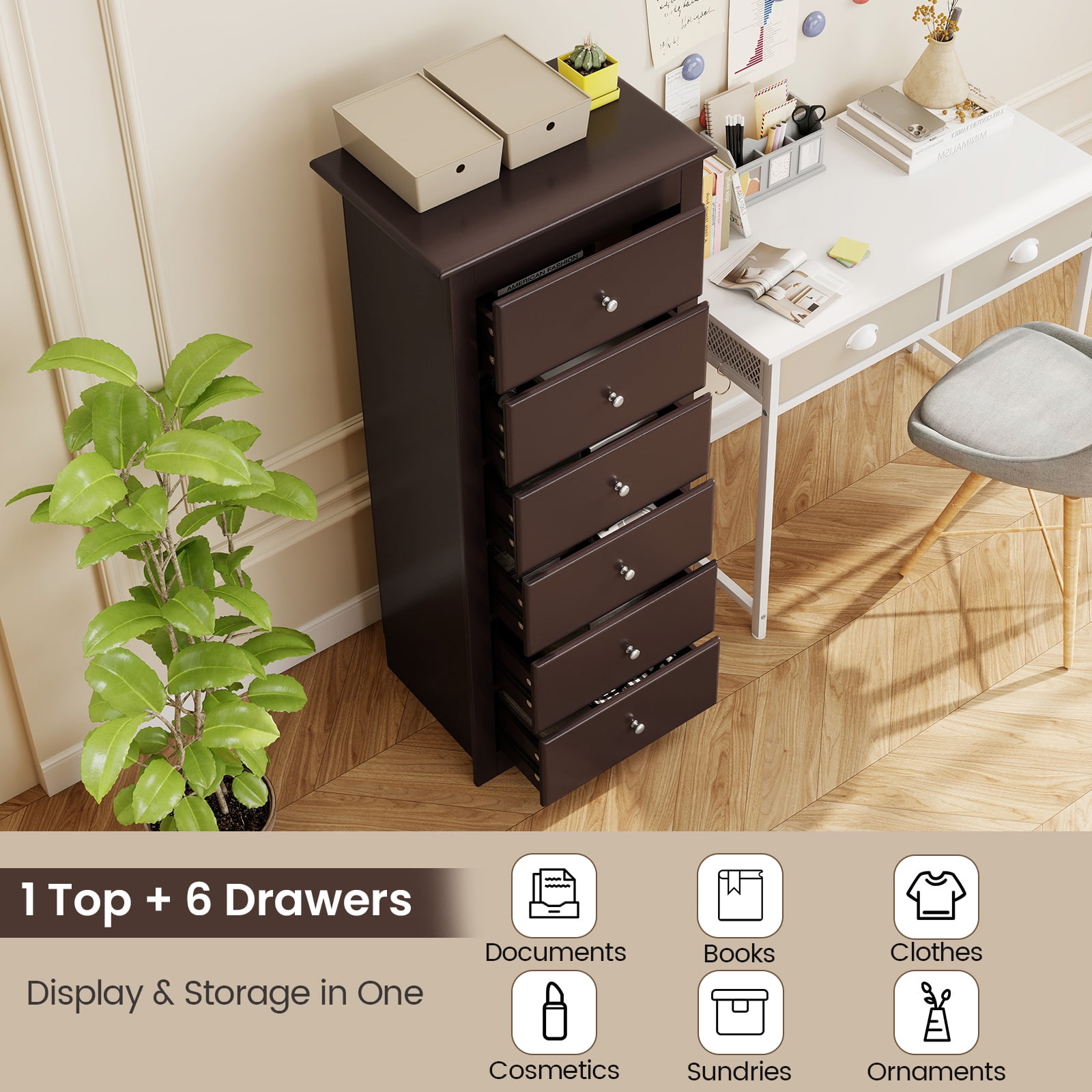 Giantex 6 Dresser Chest, Free Standing Wooden Storage Cabinet, Tall Dresser Clothes Organizer, Brown