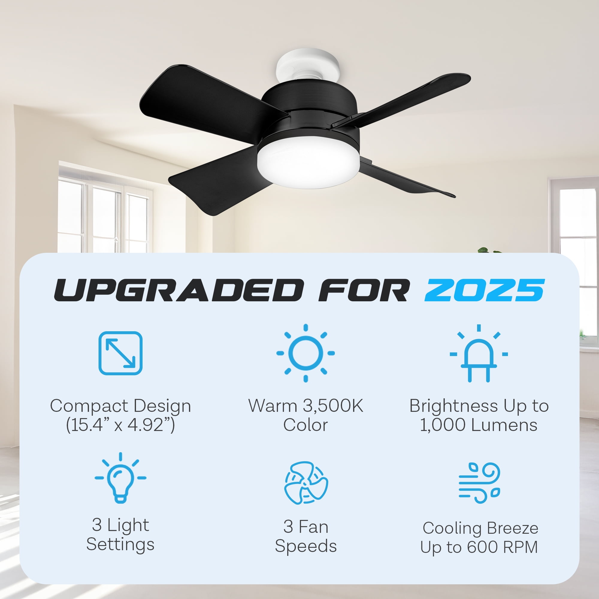 Bell+Howell Socket Breeze Socket Fan Light with Remote, Portable Small Ceiling Fans with Lights for Bedroom, Ceiling Fan with Light 3500K, 1000 Lumens, Screws into E26/E27, Black