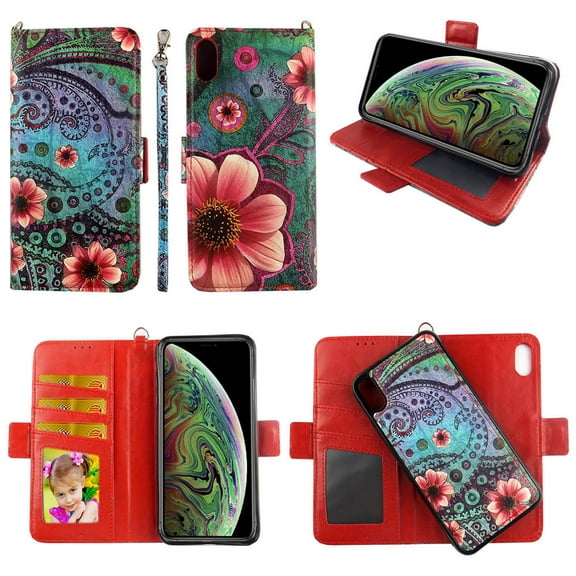Green Paisle Case for iPhone X / XS / X10 Magnetic Detachable Pu Leather Wallet Cover with Flap Closure and Snap-on Book Style Cases with Card Holders Wrist Strap 2 in 1 Folio Flip Covers