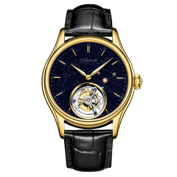 AESOP Tourbillon Watches for Men Mechanical Hand Wind Wristwatches Blue Sandstone Dial Stainless Steel Sapphire Crystal Waterproof Business Luxury Dress Watch 7025