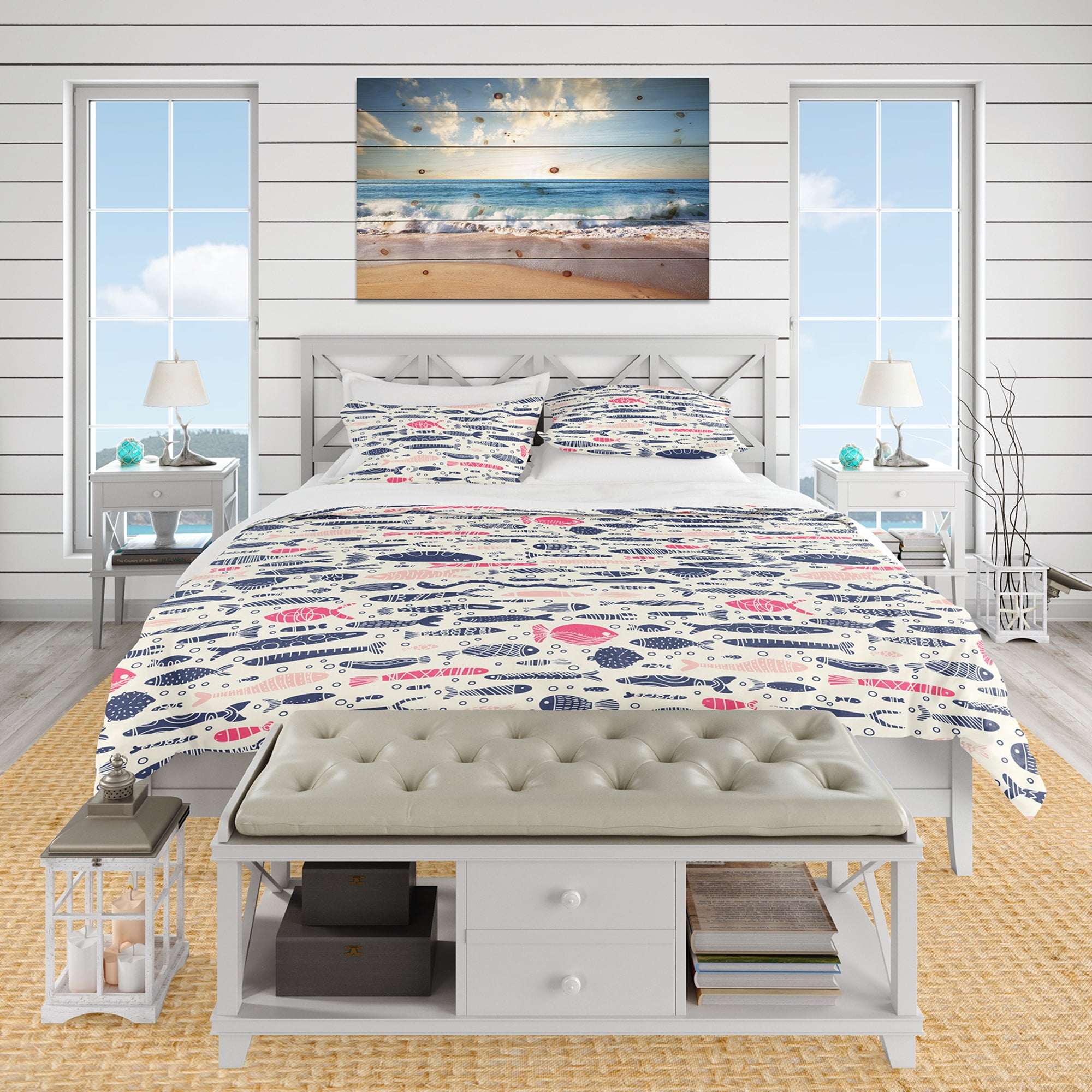 Designart 'Cute Fishes with Doodles' Nautical & Coastal Duvet Cover Set