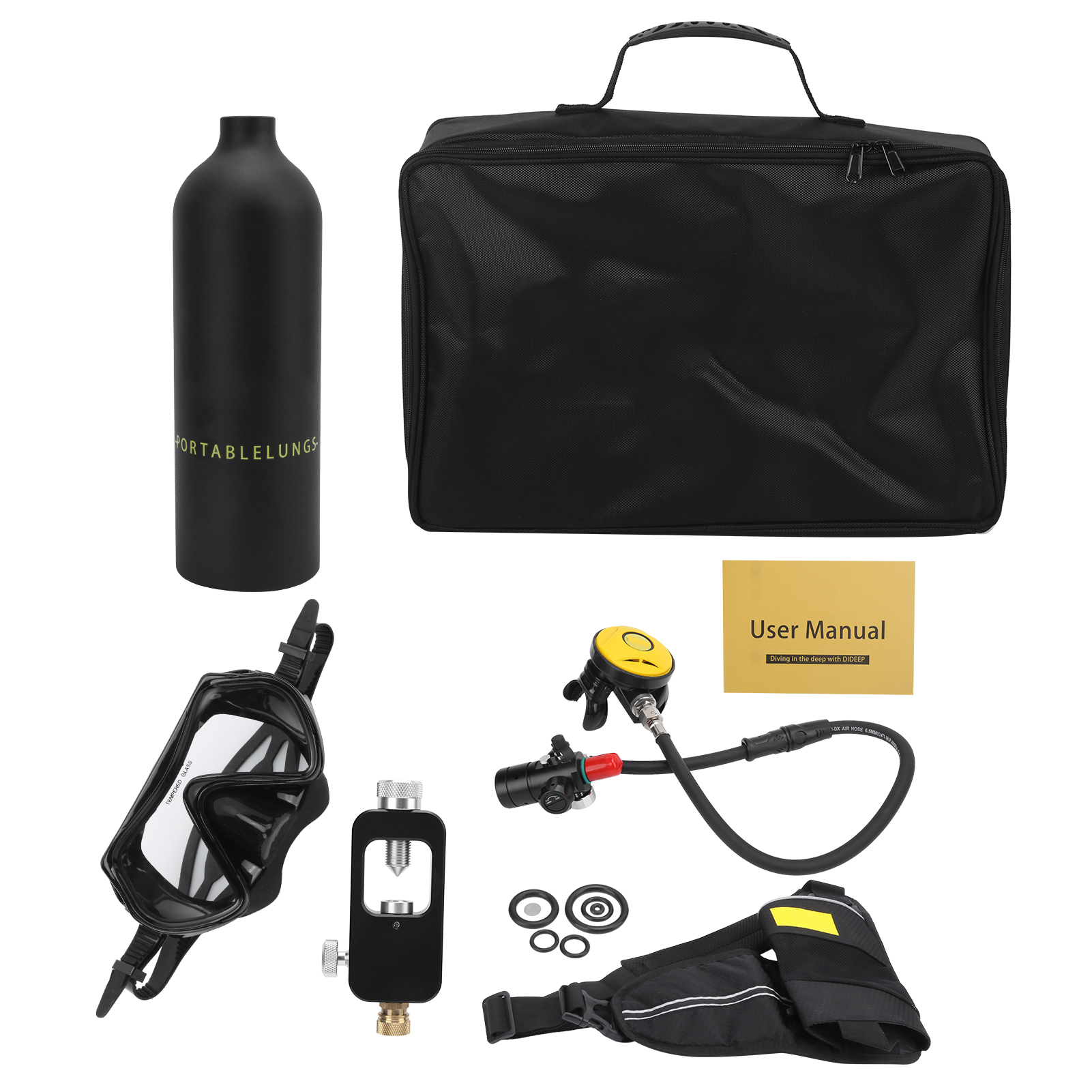 1L Mini Scuba Tank Diving Set with Breather/Relief Valve/Strap/Diving Goggles /Adapter/HandbagBlack