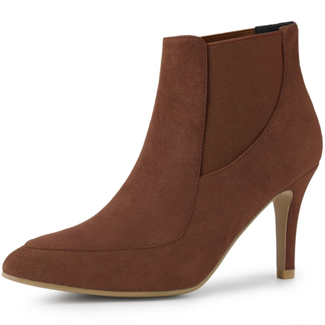 Unique Bargains Women Pointed Toe Stiletto High Heel Chelsea Booties Camel (Size 5.5)