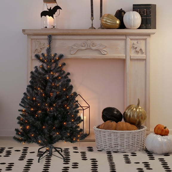 Northlight Pre-Lit Black Noble Spruce Artificial Halloween Tree - 4' Black Wire - Orange Lights
