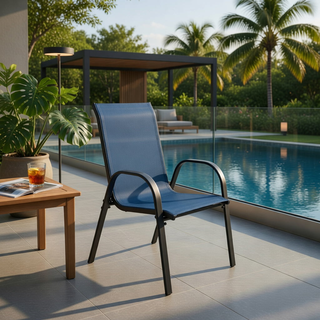 Hommoo 2-Pack Stackable Outdoor Dining Chairs with Armrests, Fabric, Grey Steel Frame, Ergonomic Patio Seating for Backyard, Deck & Balcony, Navy
